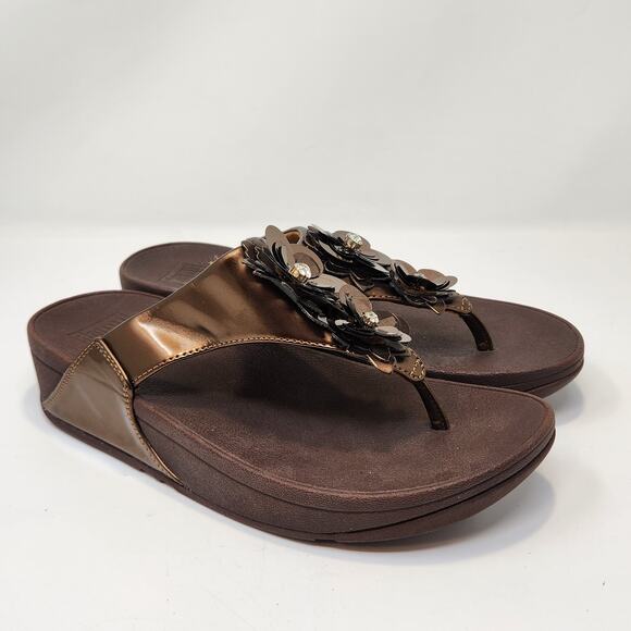 FitFlop LuLu Flower Bronze Brown Toe Post Wedge Sandal Women Size 7 Slip On New - Picture 1 of 8